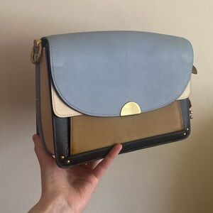 Coach Blue, White, Mustard Colorblock Leather Bag  (Without Strap)